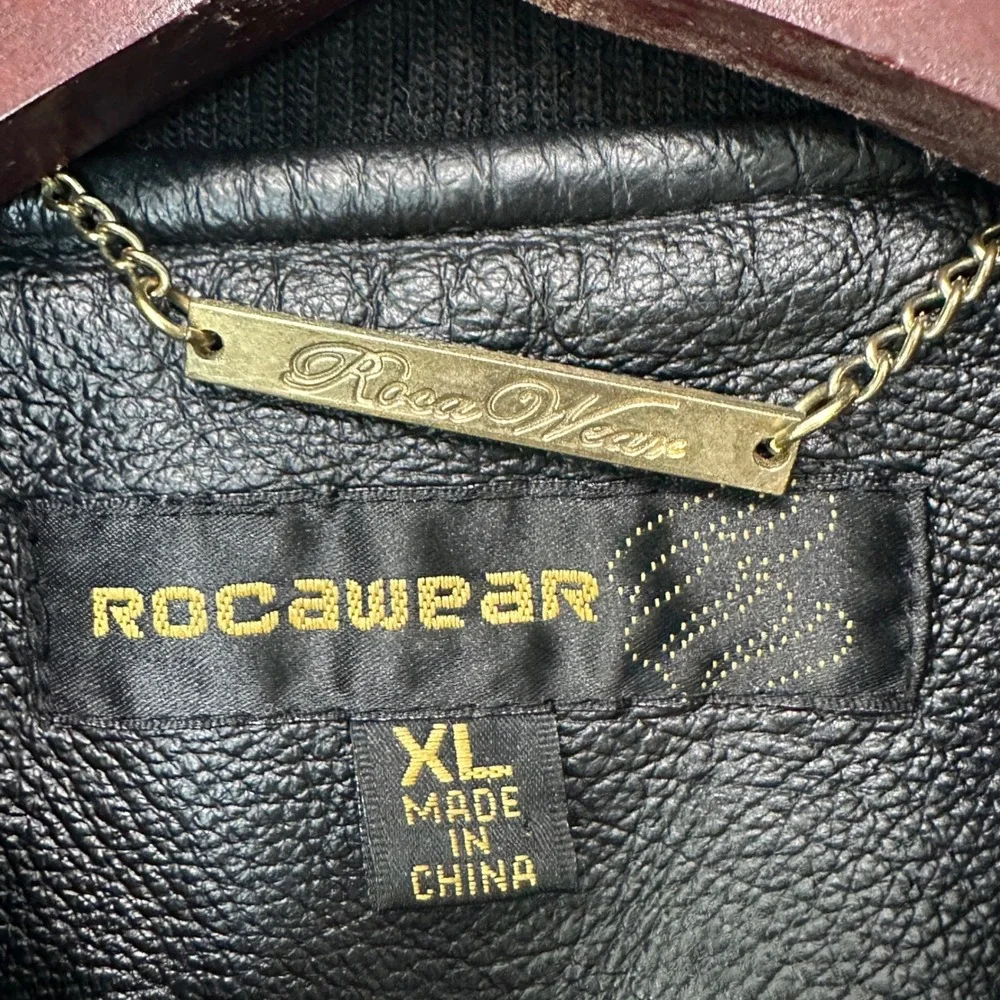 Vtg Y2K Rocawear Bomber Jacket XL Black Real Leather Studded‎ Streetwear Hip Hop - Picture 5 of 11